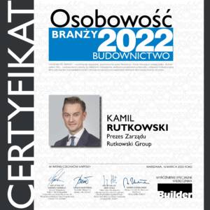 certyfikat z podpisem: Osobowość branży 2022 budownictwo dla prezesa zarządu Rutkowski Group