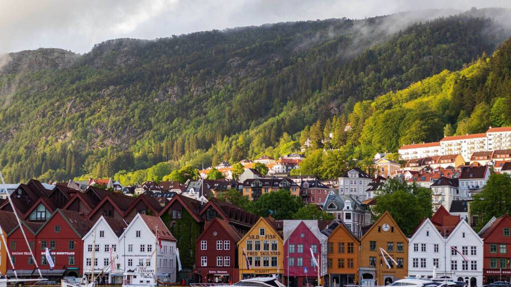 Norweskie domki i Norweski krajobraz za nimi